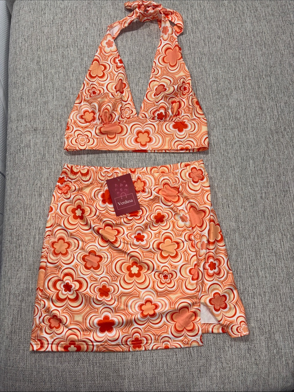 Verdusa Orange Floral Halter Top & Skirt Set